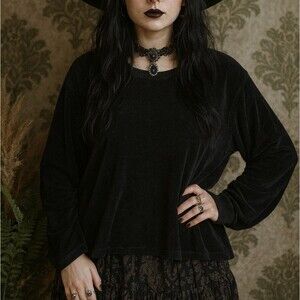 NWT Wonderly Sweater S Black Crew Neck L/S Fuzzy Pin Tucking Velour Whimsigoth